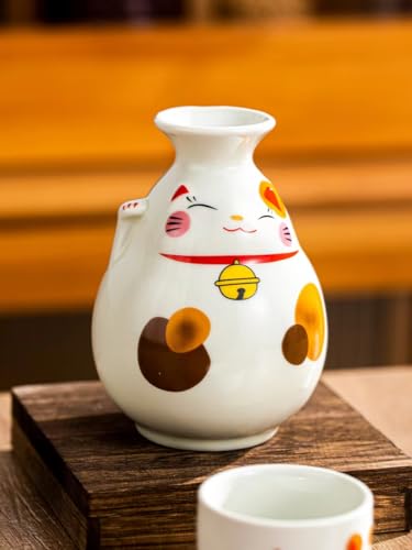 Porcelain Sake Set with 1 Bottle & 4 Cups - Lucky Cat Design, Gift Ready