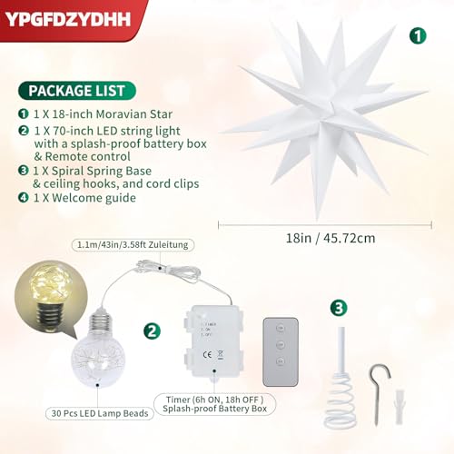YPGFDZYDHH 18-inch White Moravian Star Outdoor Christmas Tree Topper Light with Remote