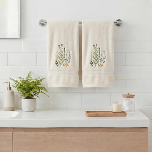 Beige Wildflower Embroidered Hand Towels, 100% Cotton Farmhouse Set of 2