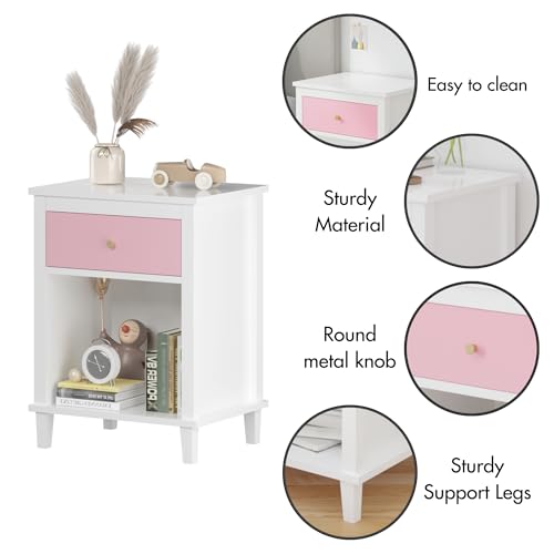 Modern Kids Nightstand with Drawer and Open Shelf, Wood Bedside Table