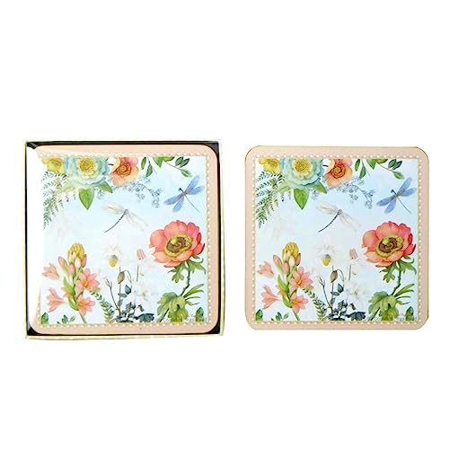 Lightahead Floral Coaster Set of 4 – MDF Wood Square Drink Coasters in Gift Box
