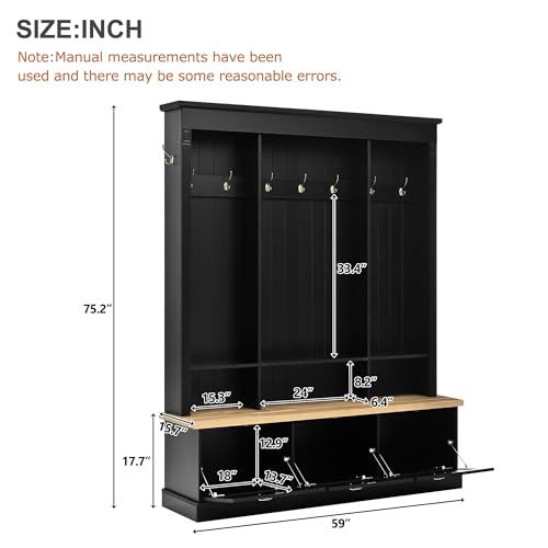Farmhouse Hall Tree with Storage Bench, LED Lighting & 9 Hooks