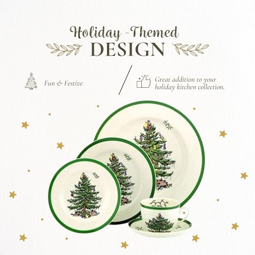 Spode 7 Oz Christmas Tree Dinnerware Set of 5 - Holiday Earthenware with Holly Accents
