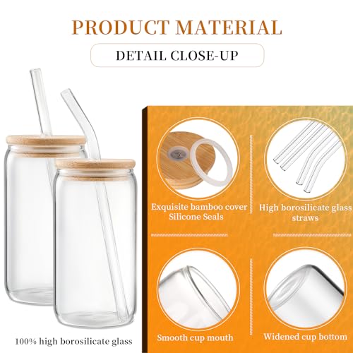 16oz Glass Cups with Bamboo Lids and Straws, Set of 4 Iced Coffee Tumblers