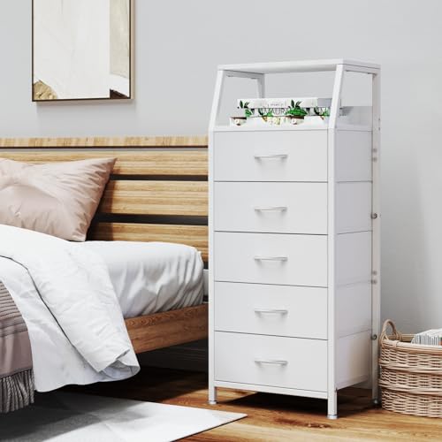 5-Drawer Tall Fabric Dresser with Wood Top and Steel Frame