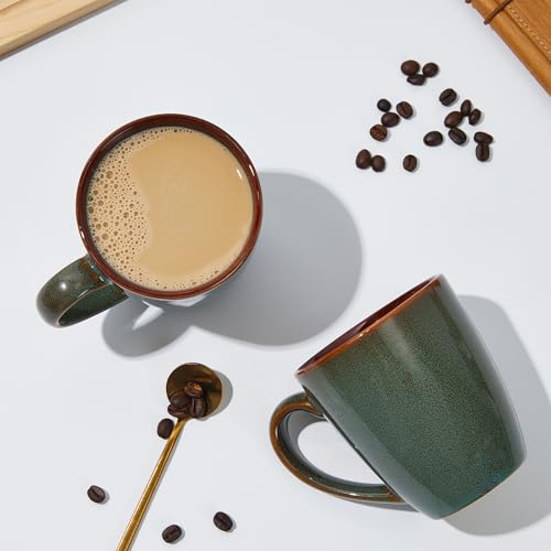 Pokini 14oz Coffee Mug Set of 4 - Artisan Glazed Ceramic Cups for Latte Tea Cappuccino, Brown Green Variation