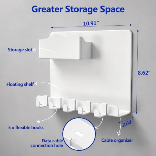 Adhesive Bedside Wall Shelf with Cup Holder and Hooks for Dorm Room