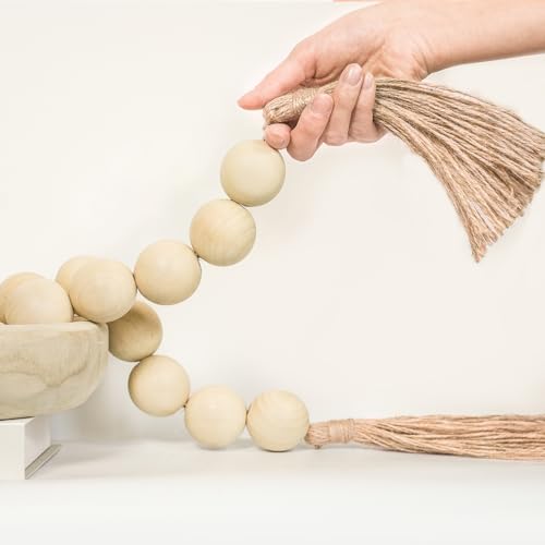 41-Inch Extra Large Wood Bead Garland with Tassels, Farmhouse Decor