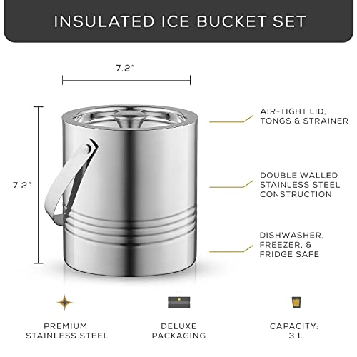 JoyJolt Double Wall Stainless Steel Ice Bucket with Lid & Tongs, 3L