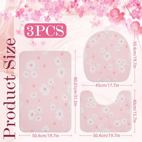 3-Piece Pink Daisy Bathroom Rug Set - Non-Slip Bath Mat & Toilet Lid Cover