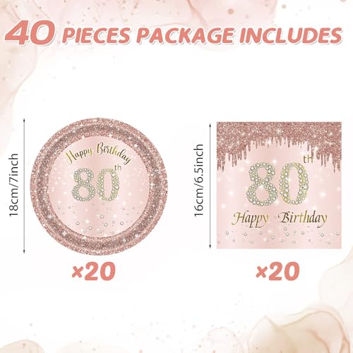 80th Birthday Decorations Rose Gold Party Supplies - 20 Plates & Napkins - Girl Women