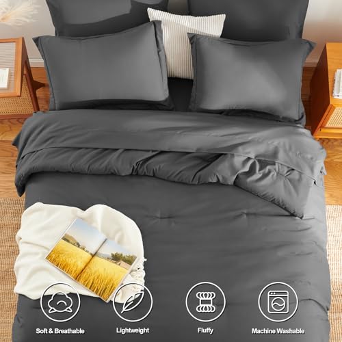 7-Piece Queen Comforter Set - Dark Grey Point-Quilted Bed in a Bag