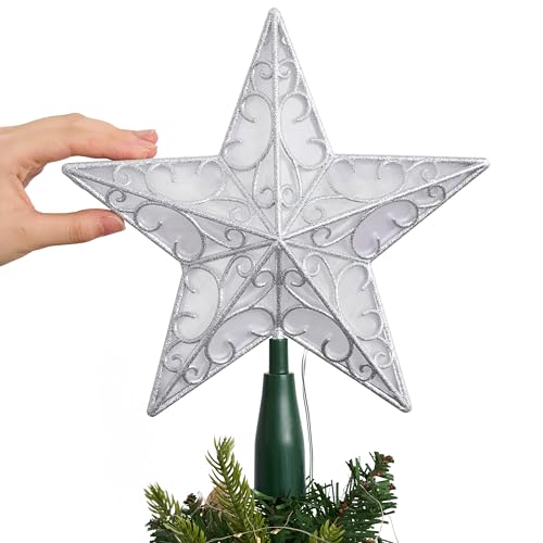 Joiedomi Silver 9 Inch Christmas Tree Topper with Warm White Lights - Holiday Decor