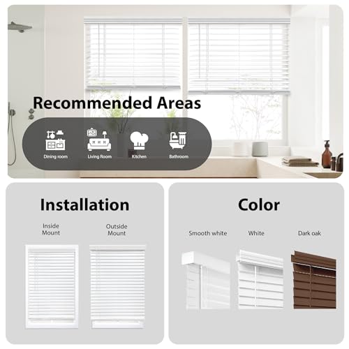 Cordless 2-Inch Faux Wood Horizontal Window Blind, White (35" W x 60" H)