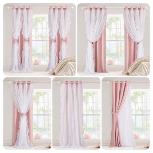 Pink Blackout Curtains with Ruffle Sheer Overlay, 52x84 Inch - 2 Panels
