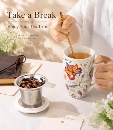 GBhome Mandala Tea Mug with Infuser & Lid - 18 oz Loose Leaf Steeper