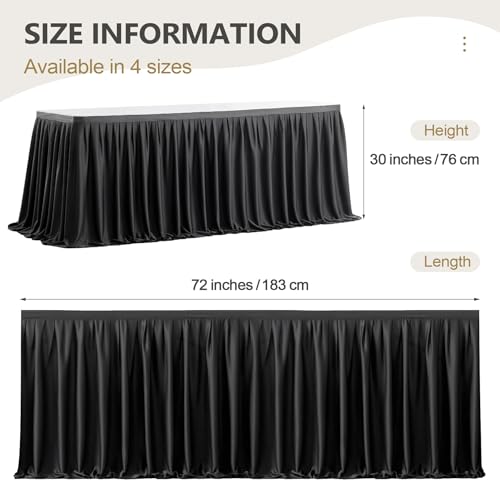6ft Wrinkle-Resistant Pleated Table Skirt for Parties and Weddings - Black