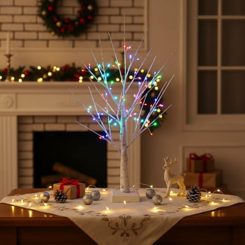 White Birch Tree with 72 RGB LED Lights & Remote - Indoor Christmas & Holiday Decor - 2ft Spirit Twinkling Tree