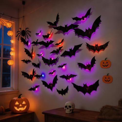 DR.DUDU 36 Pack Light-Up Halloween 3D Bats Wall Decor with Flashing LED
