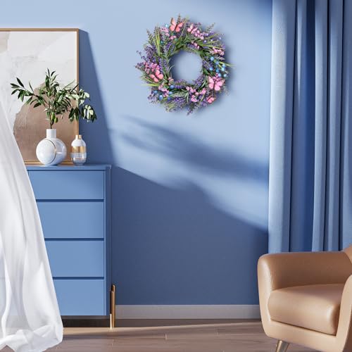 18-Inch Lavender Wreath with Butterflies and Berries for Front Door Decor
