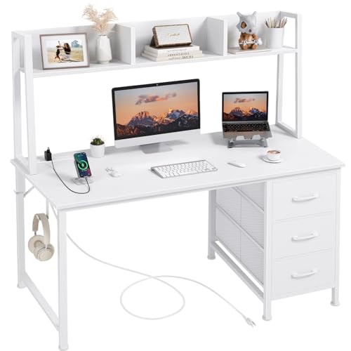 47-Inch Computer Desk with Hutch, 3 Drawers, and Power Outlets