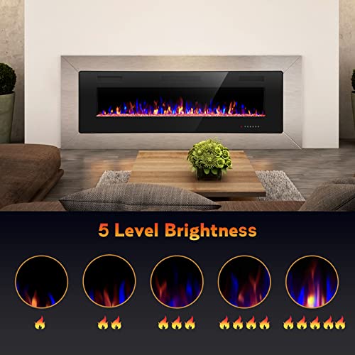 60-Inch Recessed and Wall Mounted Electric Fireplace with Remote