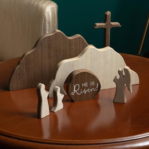 Wooden Easter Empty Tomb Scene Decor - He Is Risen Resurrection Figurine Set