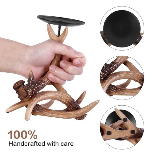 ACH003-2PCS Rustic Antler Candle Holders Fits 3.3" Candles - Brown, Set of 2