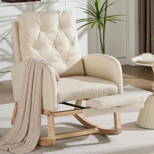 Upholstered Nursing Glider Rocking Chair with Footrest, Cream Linen