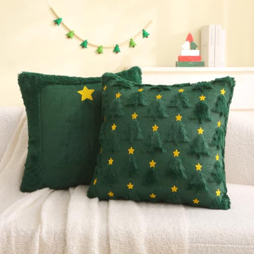 Aolime B Christmas Pillow Covers 18x18 inch Set of 2 Dark Green Embroidered Holiday Decor