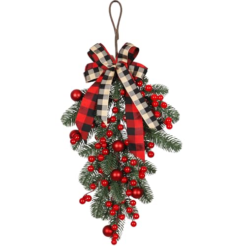 CITYES Xmas Artificial Teardrop Swag Wreath with Pine Cones & Red Berries, Outdoor Indoor Holiday Door Decor