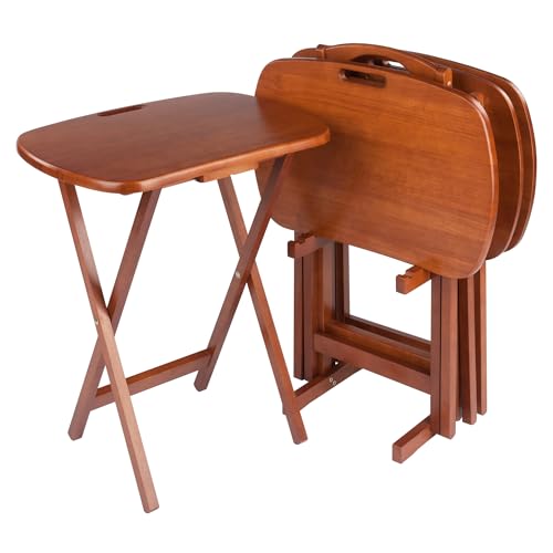 Winsome Lucca Set of 4 Foldable Teak Snack Tables with Storage Rack