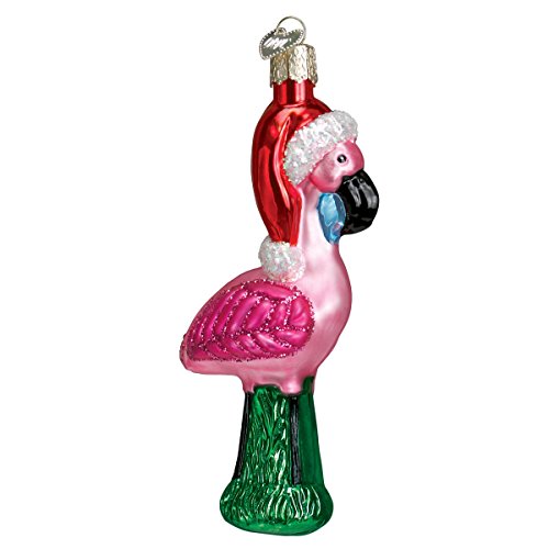 Glass Pink Flamingo Christmas Ornament with Santa Hat Handcrafted Decor