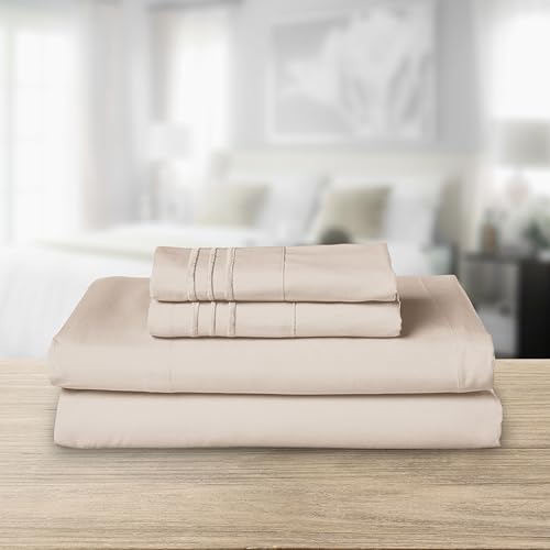 Elegant Comfort King Bed Sheet Set - 4-Piece Embroidered Microfiber, Cream