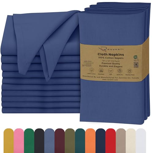 100% Cotton Cloth Napkins - 18x18 Inch Washable Dinner Napkins, Set of 12