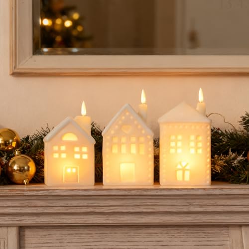 WDS Wondrous White Ceramic Christmas Village Set - 3 LED Houses, Flameless Battery