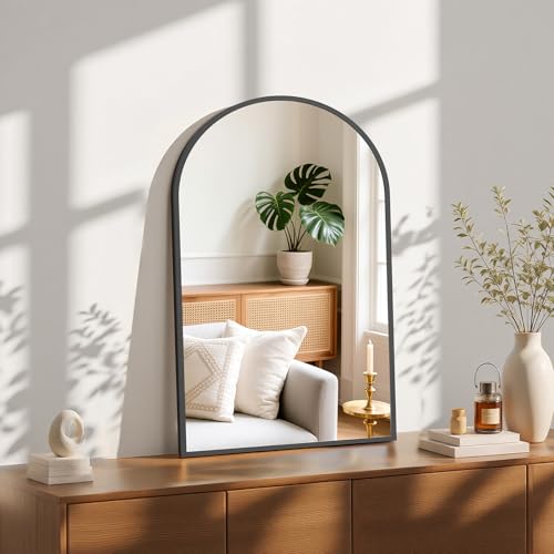 20" x 30" Arched Black Metal Wall Mirror with HD Shatterproof Glass