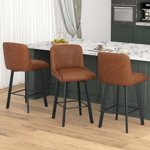 Set of 3 Swivel Counter Height Bar Stools, 26-Inch Upholstered Chairs