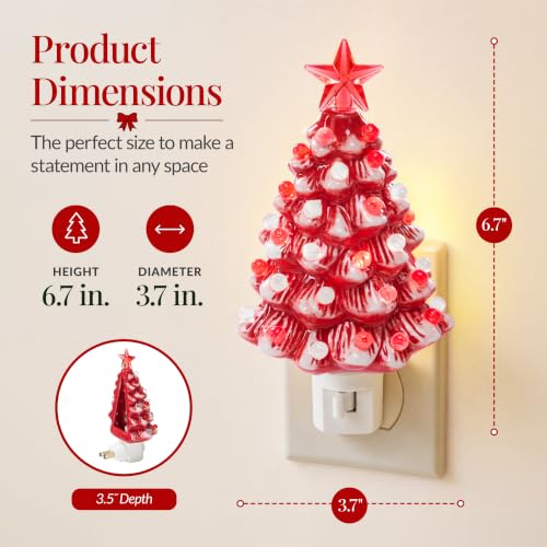 Red Ceramic Christmas Tree Nightlight - Hand Painted Holiday Decor, Plug-in Night Lamp, 6.7in