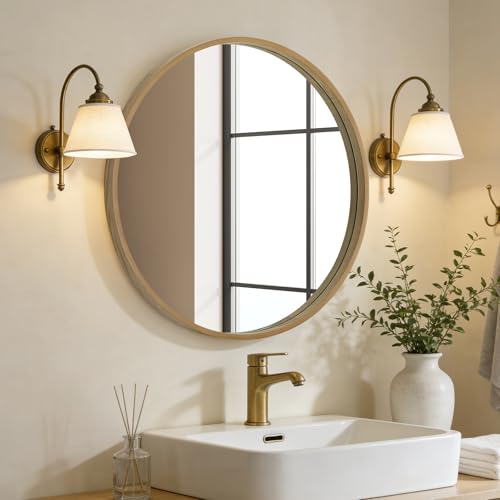 24-Inch Round Wood Wall Mirror - Natural Circle Mirror for Vanity & Entryway