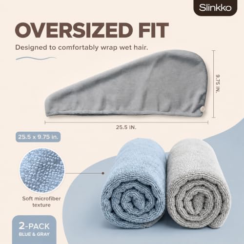 Slinkko Microfiber Hair Towel Wrap Blue & Grey - Quick Dry, Soft & Lightweight