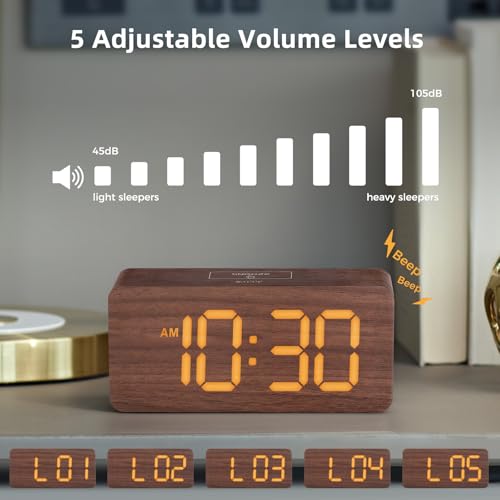 Wooden Digital Alarm Clock - Dimmable Display, Dual Alarms & USB Port