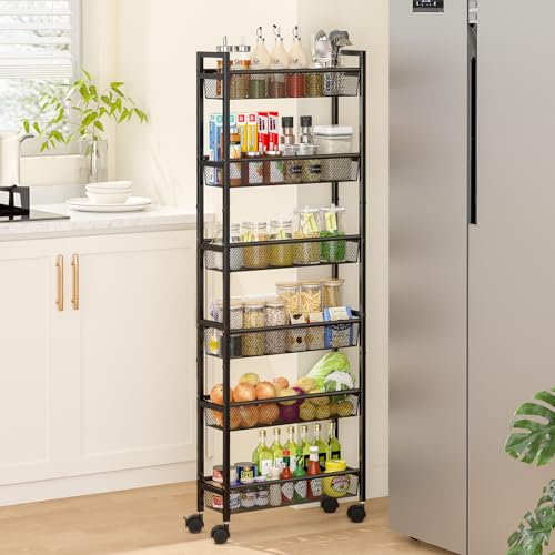 6-Tier Slim Rolling Storage Cart - Narrow Metal Mobile Shelving Unit