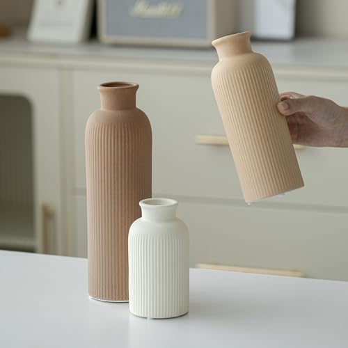 Modern Ceramic Vase Set - 3-Piece Ribbed Matte Vases for Home Decor