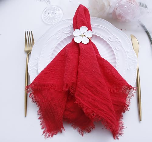 JINVASE Red Cotton Gauze Cloth Napkins with Fringe Set of 12, 16x16 inches