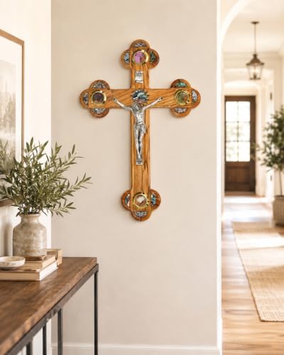 11 Inch Olive Wood Cross Wall Hanging from Bethlehem with Mother of Pearl & Jerusalem Stones - Christian Religious Decor Gift for Easter & Christmas