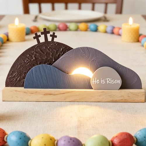 Easter Resurrection Scene Decor Set with Wooden Base - Religious Tombstone Display