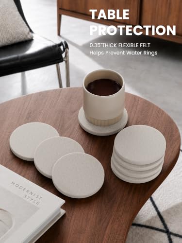 Fluxynara Felt Coasters Set of 8 with Holder - Oatmeal Round Drink Protectors