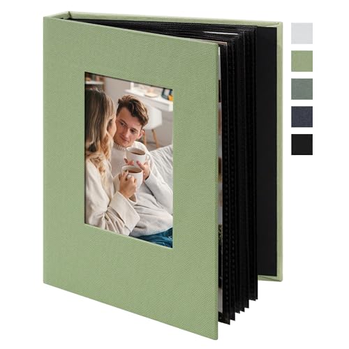 Small 4x6 Linen Photo Album with Front Window, 24 Pockets, Light Green
