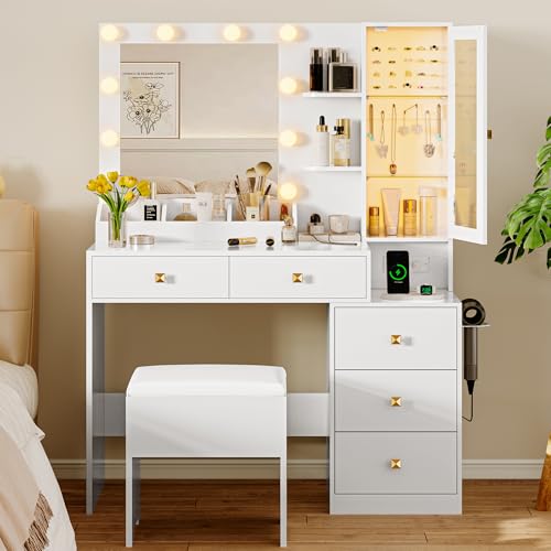 Makeup Vanity Desk with Lighted Mirror, 5 Drawers, RGB Cabinet & Stool